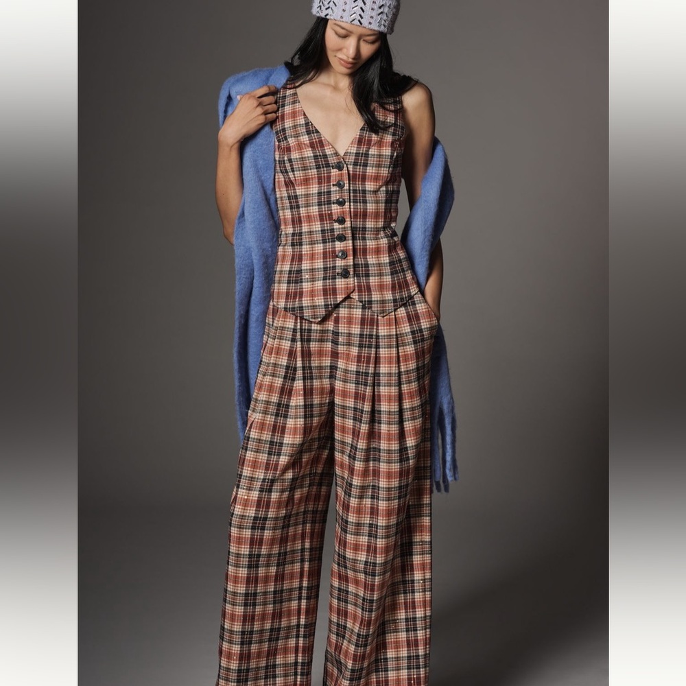 Anthropologie Hasley Sparkle Plaid slim fit button vest NWT Small